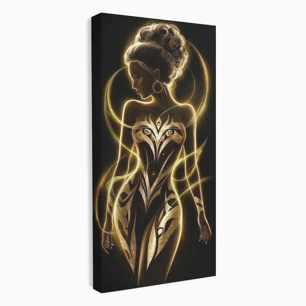 Tablou canvas cu tablou canvas cu silueta feminina aurie, fara rama, pe sasiu de lemn